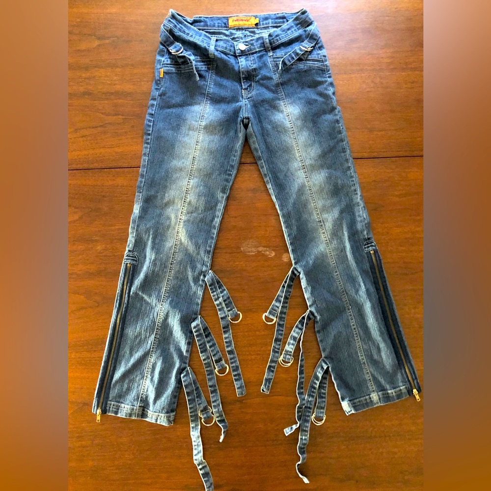 Vintage FunHouse Jeans Flare Ankle Zipper Bondage Straps 90s Y2K